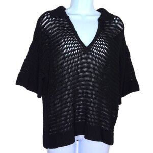 Max Studio London Black Top Short Sleeve Open Knit Sweater V-Neck Stretch Sz M
